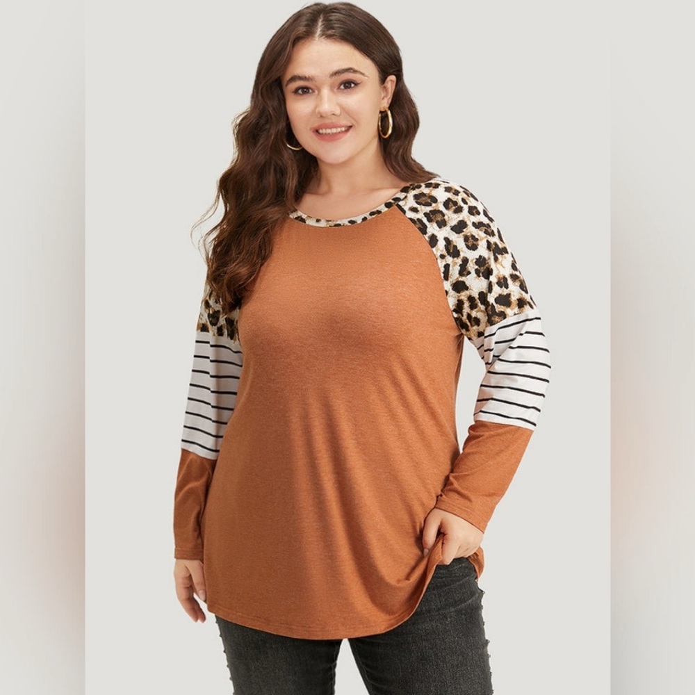 Leopard Print and Striped Sleeve Orange Top